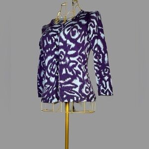 Boden 100% Wool Button-Up Cardigan in Purple & Blue Swirls w/ Suede Placket, 6